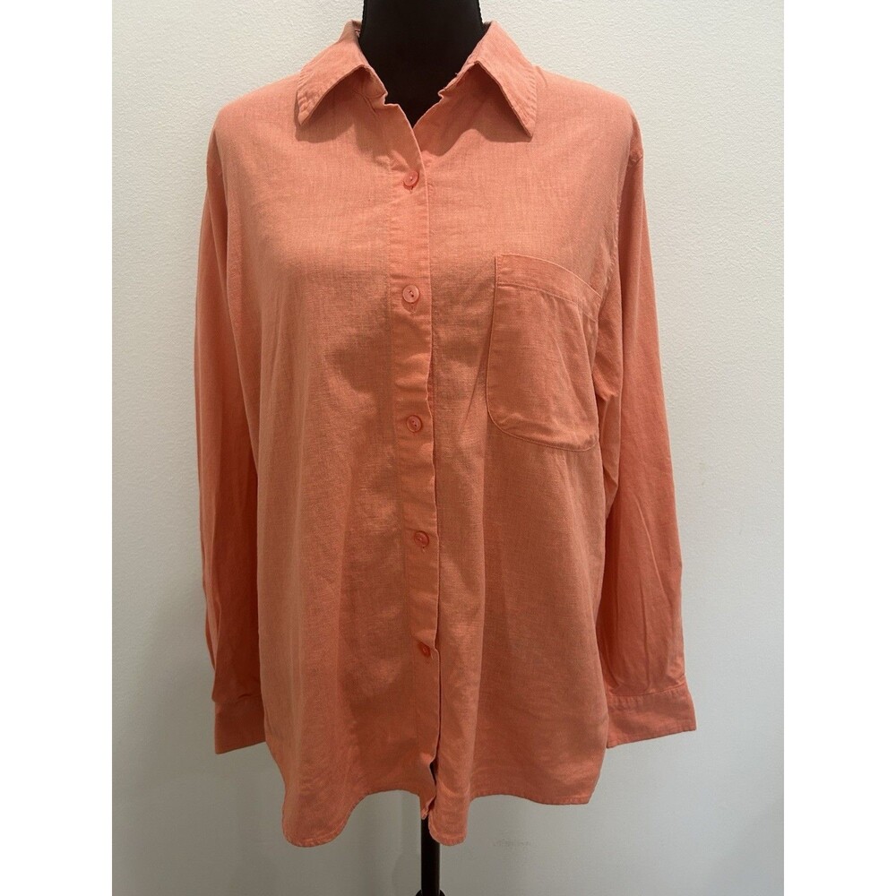 Liz Baker Womens Sz L Shirt Peach Button Up Roll Up Tab Long Sleeve Linen Blend